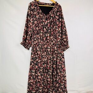 Talbots Women's Black‎ Floral Midi 3/4 Sleeves Dress Sz 1X Boho Cottage Peasant